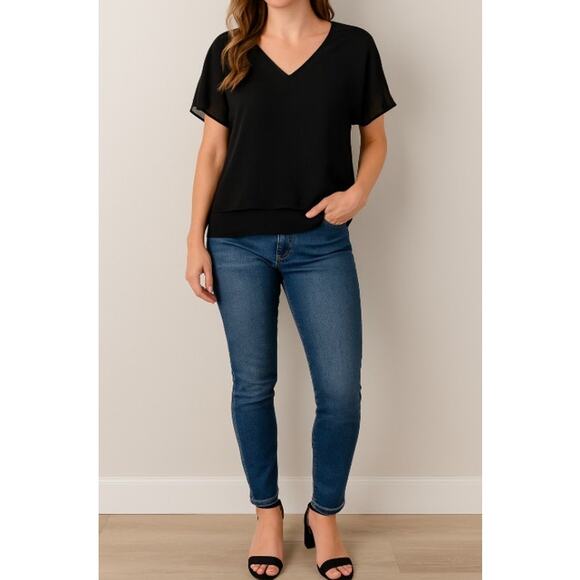 Bobeau Women’s XS Black Chiffon Layered Blouse Sheer Half Sleeve Top - Picture 1 of 8